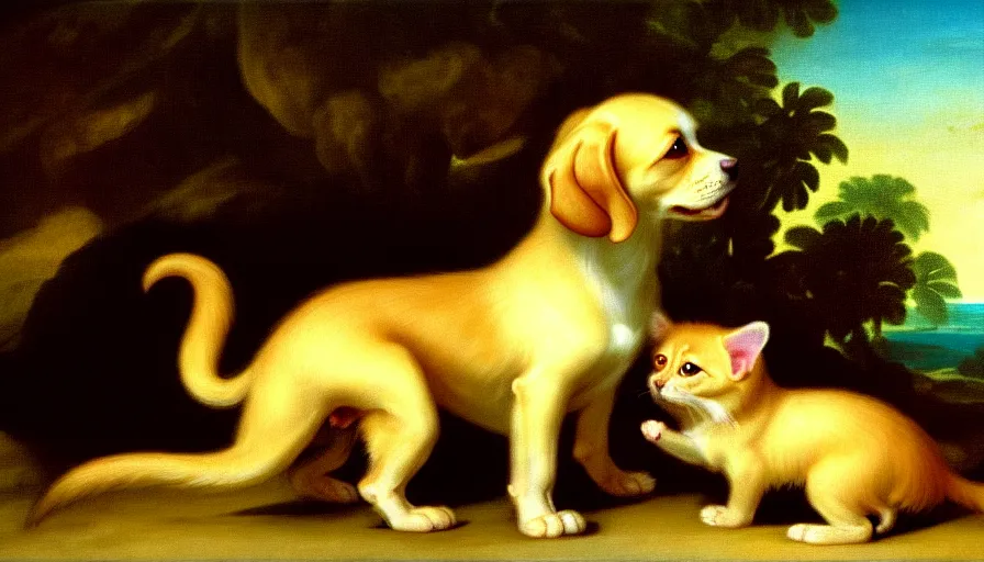 Image similar to a tropical dog dog kitten dog in the style of francisco goya, 4 k resolution, tropical background, tropical