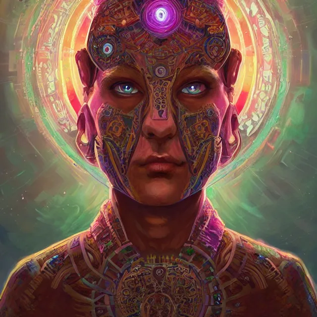 Image similar to portrait of a future metaverse ayahuasca tech shaman warrior, 2 d cartoon, visionary art, symmetric, magick symbols, holy halo, shipibo patterns, sci - fi, concept art, trending on art station, 8 k digital art, by mandy jurgens, fantasy portrait art, anime