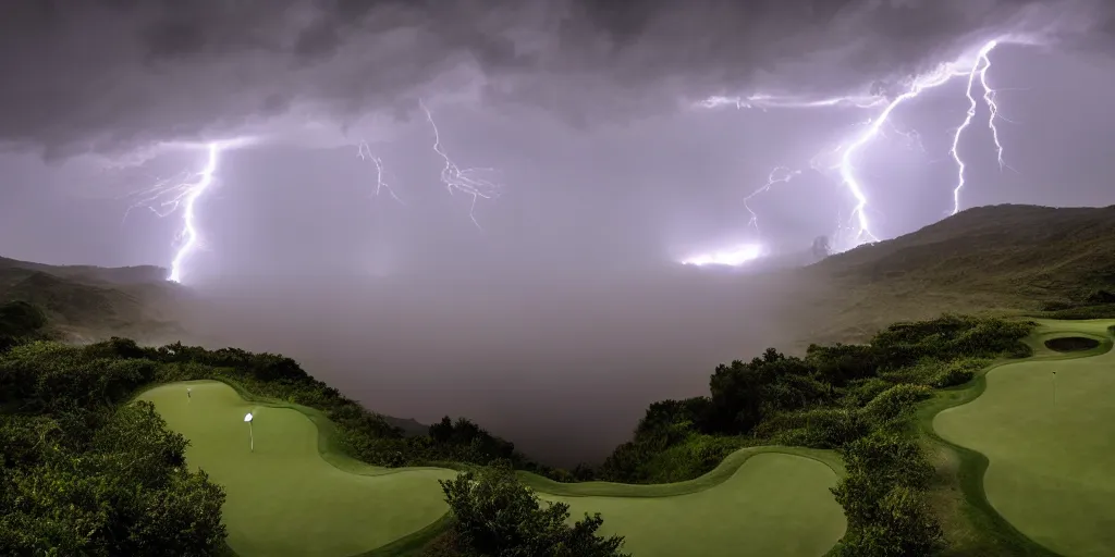 Image similar to a great photograph of the most amazing golf hole in the world, on top of the clouds, lightning storm, ambient light, golf digest, top 1 0 0, fog