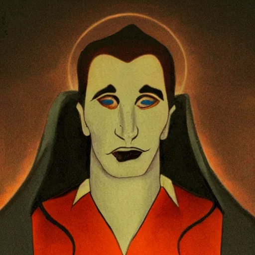 Prompt: the central image is a dracula like face, which appears to be staring directly at the viewer. the sun shines its light down as if it is burning the daylights out of the vampire. a dark background is placed behind it.