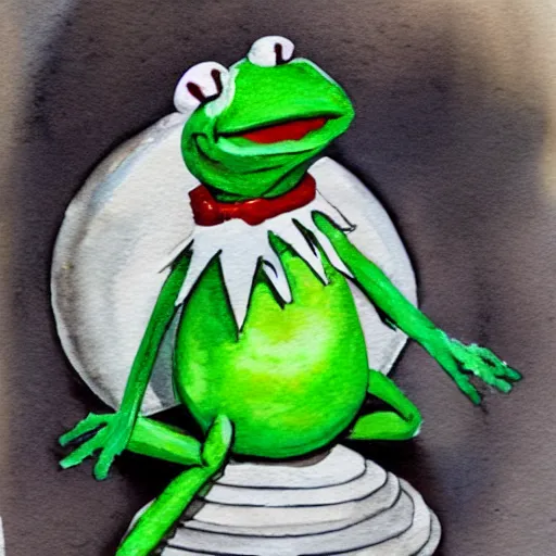 Image similar to Kermit the Frog trapped in a lightbulb, water color painting