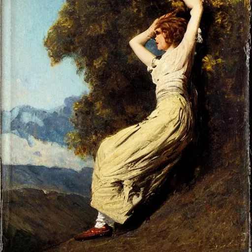 Prompt: woman in torn clothes climbing a mountain by alfred stevens