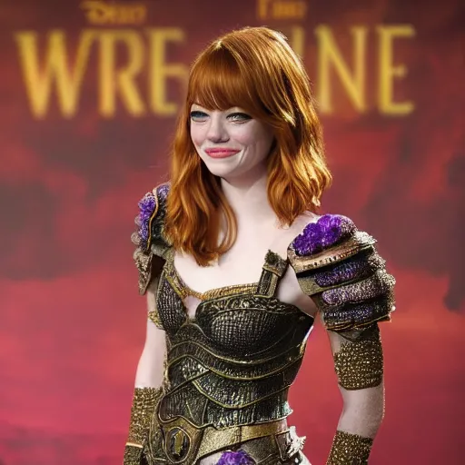 Image similar to full body photo of emma stone as a warrior with amethyst encrusted armour