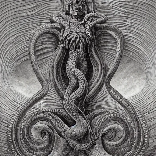 Prompt: the serpent of time coils around the uncertainty of being by gustav dore and wayne barlowe, a highly detailed painting, symbolic occult art