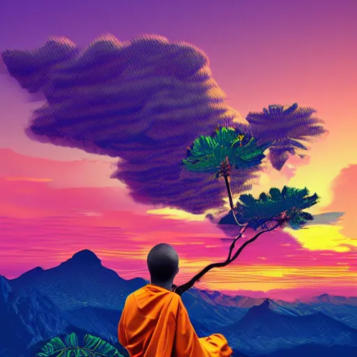 Prompt: Chilling toucan dressed as a monk meditating on a mountaintop in the sunset, afro retro futurism digital art