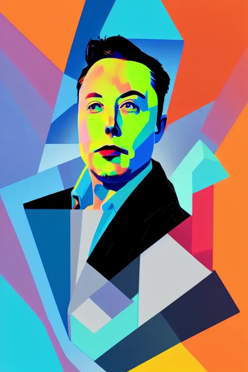 Image similar to cubist portrait of elon musk cutout digital illustration cartoon colorful beeple