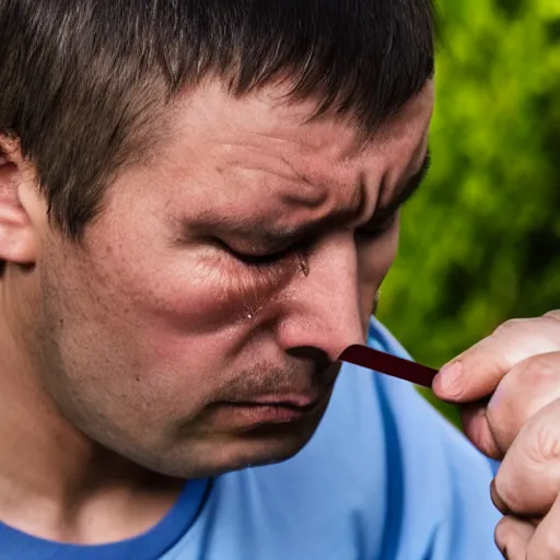 Image similar to visibly sad crying man pinching a ruler, high resolution photo