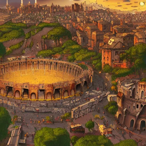 Image similar to busy d & d city that resembles rome and has a colosseum in its center, artstation