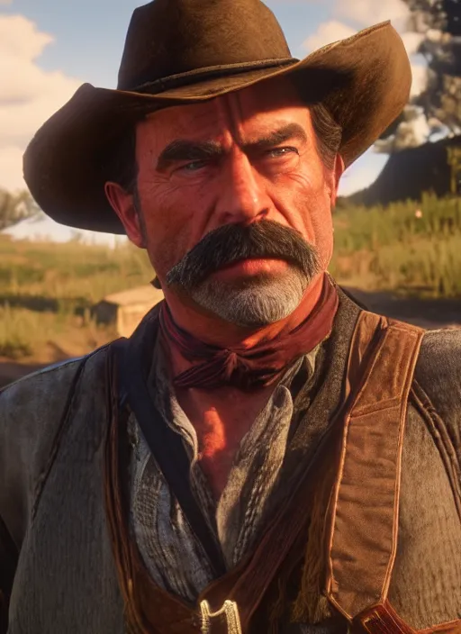 Prompt: film still of tom selleck as dutch van der linde in red dead redemption 2, gameplay, 8 k, hd