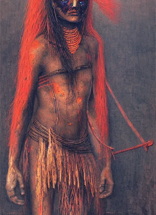 Image similar to warrior girl in tribal painting by Beksinski