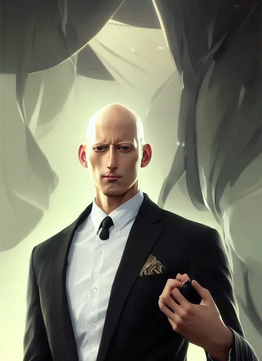 Image similar to ultra realistic illustration, handsome saitama. intricate, elegant, black suit, highly detailed, digital painting, artstation, concept art, smooth, sharp focus, illustration, art by artgerm and greg rutkowski and alphonse mucha and wlop