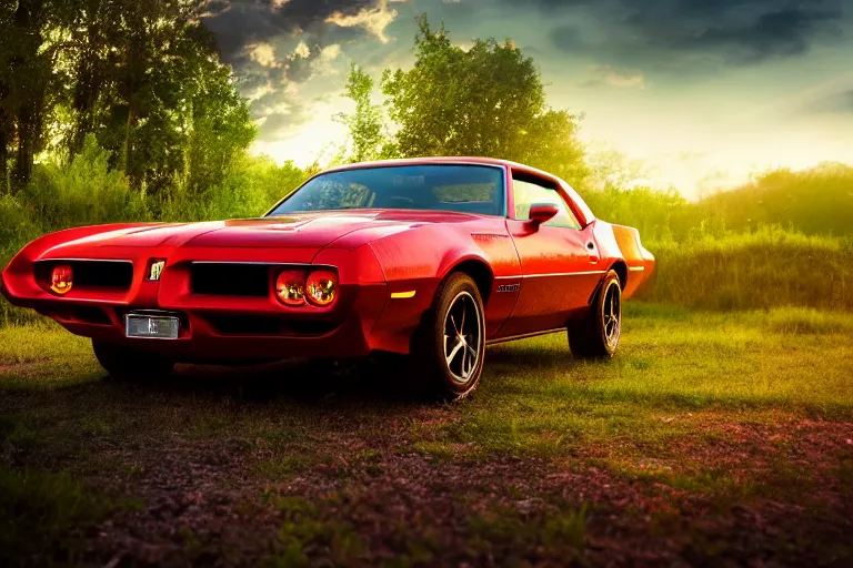 Prompt: pontiac firebird with glowing paint, sunrise, eerie light, fireflies, dramatic, cinematic, forest, sunbeams, volumetric lighting, wide shot, low angle, realistic pokemon looking at car, pokemon, creatures