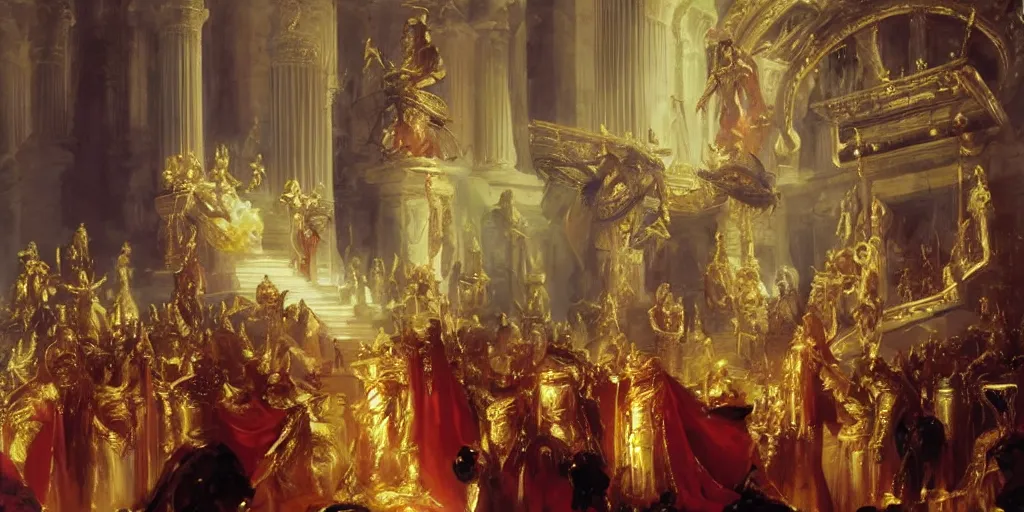 Image similar to beautiful oil painting, alien in royal crimson robes enthroned as the alien god emperor of ancient civilization surrounded by servants in gilded halls a golden wreath upon his head, by anders zorn, wonderful masterpiece by greg rutkowski, beautiful cinematic light, american romanticism, by thomas lawrence, greg rutkowski