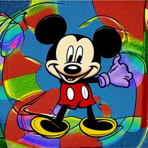 Prompt: trippy mickey mouse blotter art, acid tabs