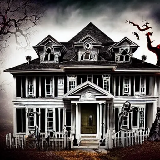 Image similar to A spooky haunted house, with ghosts and ghouls lurking around every corner, in a Halloween style.