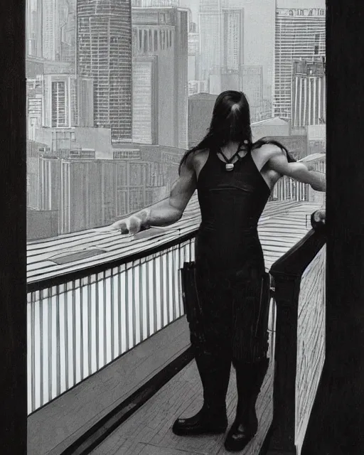 Image similar to rhett sarlin leaning against the rail on a balcony on coruscant, very long black hair brought back into a ponytail, black leather vest, portrait by ralph mcquarrie