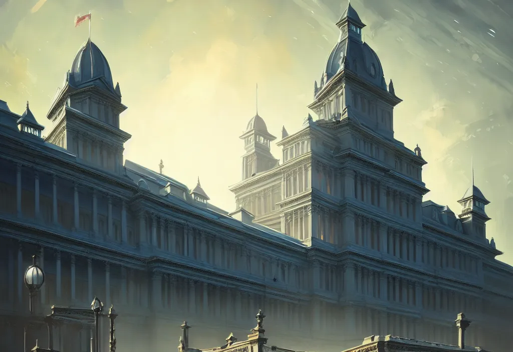 Prompt: victorian parliamentary building, victorian, architecture, blue sky, town, cinematic view, concept art, high detail, well lit, volumetric, godrays, vivid, trending on artstation, by jordan grimmer, art greg rutkowski