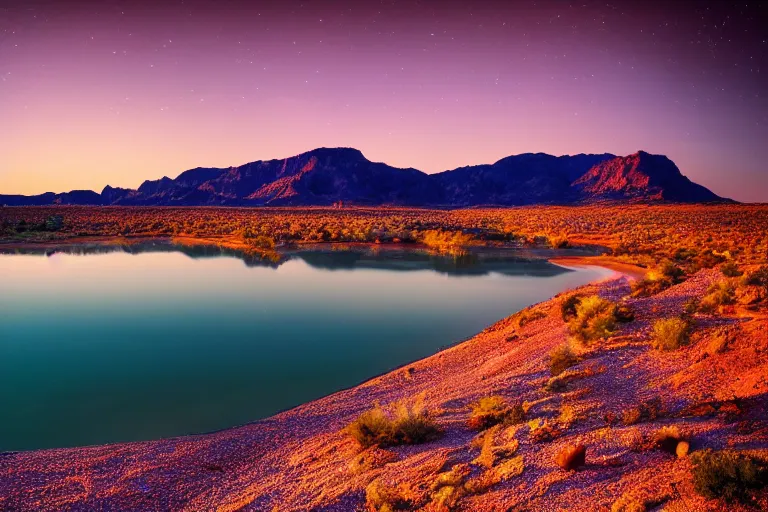 Image similar to beautiful landscape photography of an Arizona desert, lake, midnight, stars