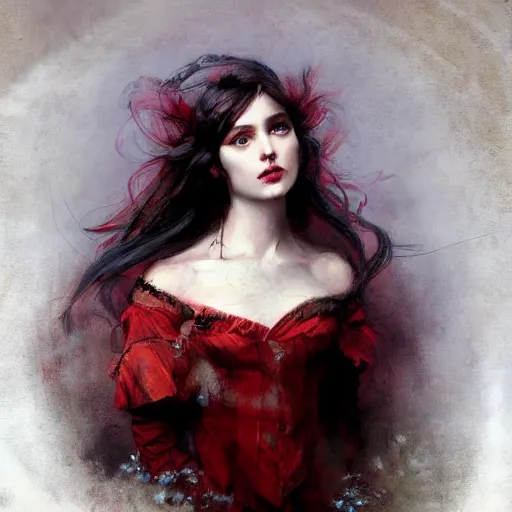 Image similar to Jean-Baptiste Monge and Solomon Joseph Solomon and Richard Schmid and Jeremy Lipking victorian genre painting portrait painting of a young beautiful woman marverl DC comic book character fantasy costume, red background