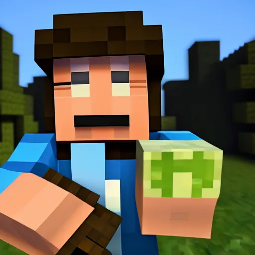 Image similar to minecraft steve!!!! holding!!!!! an iphone in his hand!!!!!!, 4 k, 8 k, photorealistic imagery