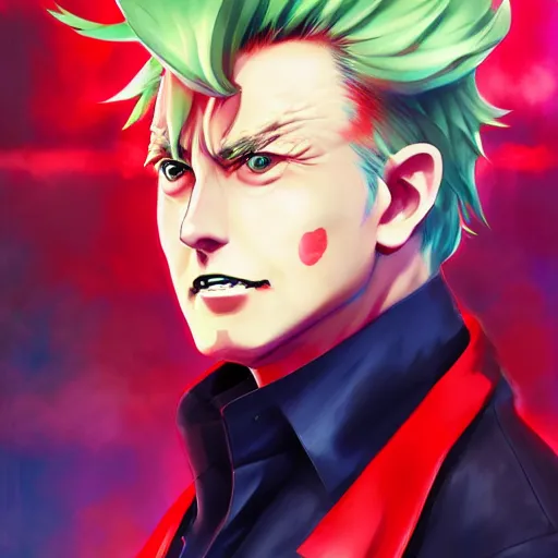 Image similar to anime portrait of trump x elon musk hybrid as an anime antagonist by Stanley Artgerm Lau, WLOP, Rossdraws, James Jean, Andrei Riabovitchev, Marc Simonetti, and Sakimichan, trending on artstation