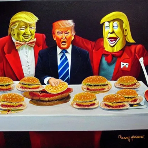 Prompt: donald trump having a banquet with ronald mcdonald the kfc colonel and the burger king in a castle. oil painting.