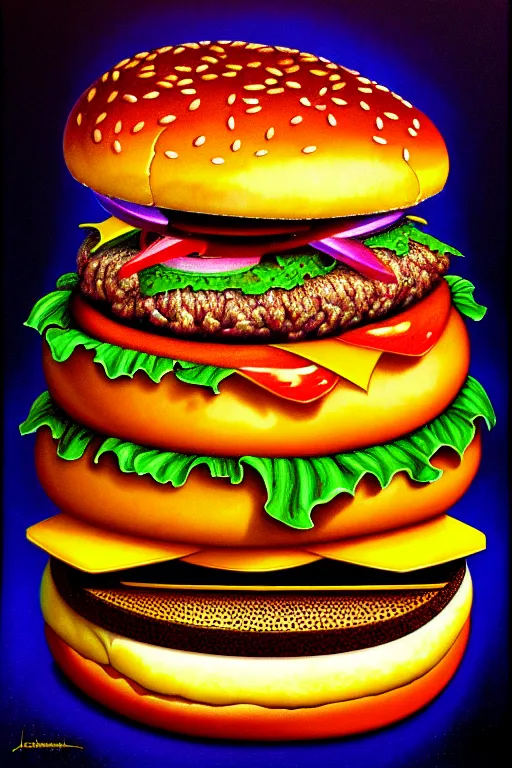 Image similar to a photorealistic painting of an isometric hamburger monster by johfra bosschart, lisa frank, dark fantasy art, high detail, trending on artstation