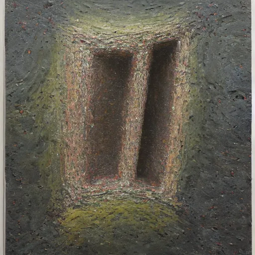 Image similar to a detailed organic impasto painting by shaun tan and louise bourgeois of an abstract geometric forgotten sculpture by ivan seal and the caretaker