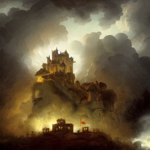 Prompt: castle in the sky in an energy storm in the style of hubert robert
