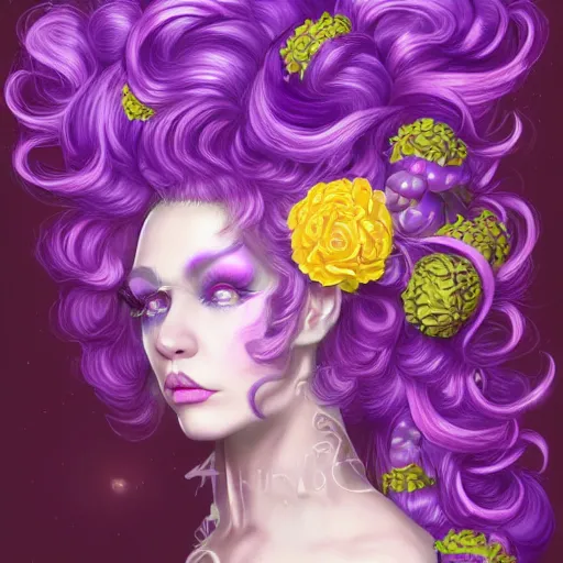 Image similar to Glam hair, rococo, 80s hair, Elf girl with purple skin, alien skin, purple elf, purple, purple-skinned elf, yellow hair, hairspray, big hair, wild hair, glam make-up, 80s, illustration, fantasy art, trending on ArtStation, 1980s fantasy art