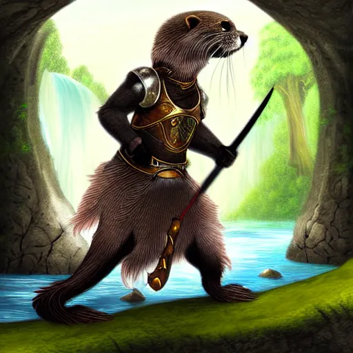 Image similar to furry otter warrior, fantasy art, lightweight armour, near the river, waterfall, digital art, high quality