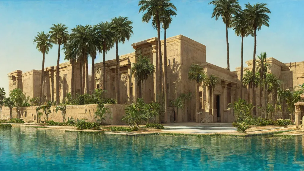 Prompt: an oil painting of the front of a new egyptian! palace, with a small pool in front, exterior view, close - up, mid - day, palm trees and lush vegetation, hieroglyphs on the buildings, ray - traced reflections of the buildings and trees in the water