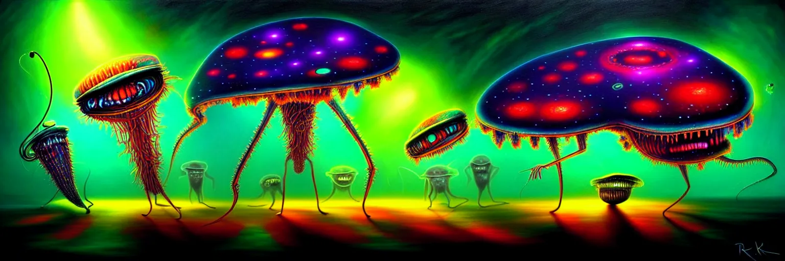 Prompt: strange alien plankton creatures from the depths of the collective unconscious, dramatic lighting, surreal darkly colorful painting by ronny khalil