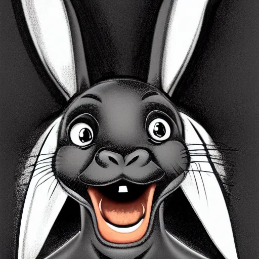 Image similar to A extremely highly detailed majestic hi-res beautiful, highly detailed head and shoulders portrait of a scary terrifying, horrifying, creepy black cartoon rabbit with scary big eyes, earing a shirt laughing in the style of Walt Disney