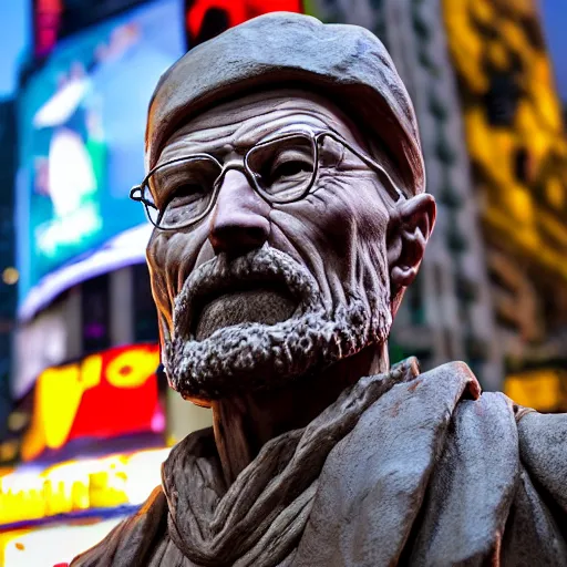 Image similar to extree long - shot photograph of a very detailed renaissance clay sculpture of walter white wearing a phrygian cap in times square, made by michelangelo, hyper detailed, sharp focus, 8 k resolution, ray tracing