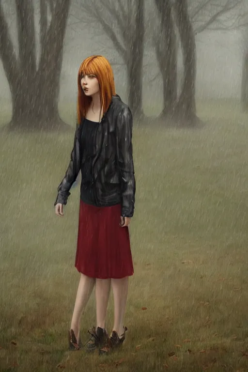 Image similar to tv scene of rachel amber from life is strange standing in a graveyard in the rain, blonde hair, red checker shirt, tired emotion, tearful eyes, highly detailed, sharp focused, ultra realistic digital concept art by Alyssa Monks, Charlie Bowater