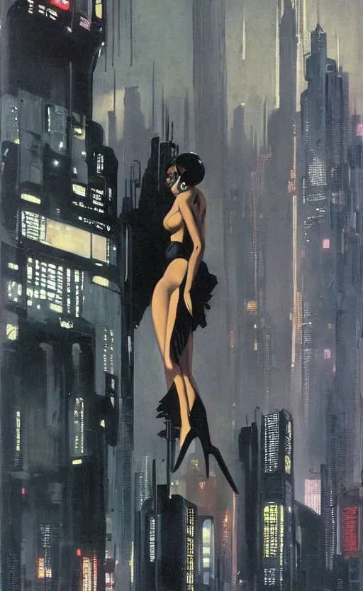 Image similar to an elegant Black woman in dress and heels, her back is to us, looking at a futuristic Blade Runner city, by Robert McGinnis.