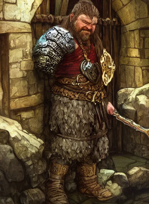 Prompt: Hulgen the dwarf. A humble dwarven stone mason completes the great gate of kings. Fantasy concept art. Moody Epic painting by James Gurney, and Alphonso Mucha. ArtstationHQ. painting with Vivid color. (Dragon age, witcher 3, lotr)