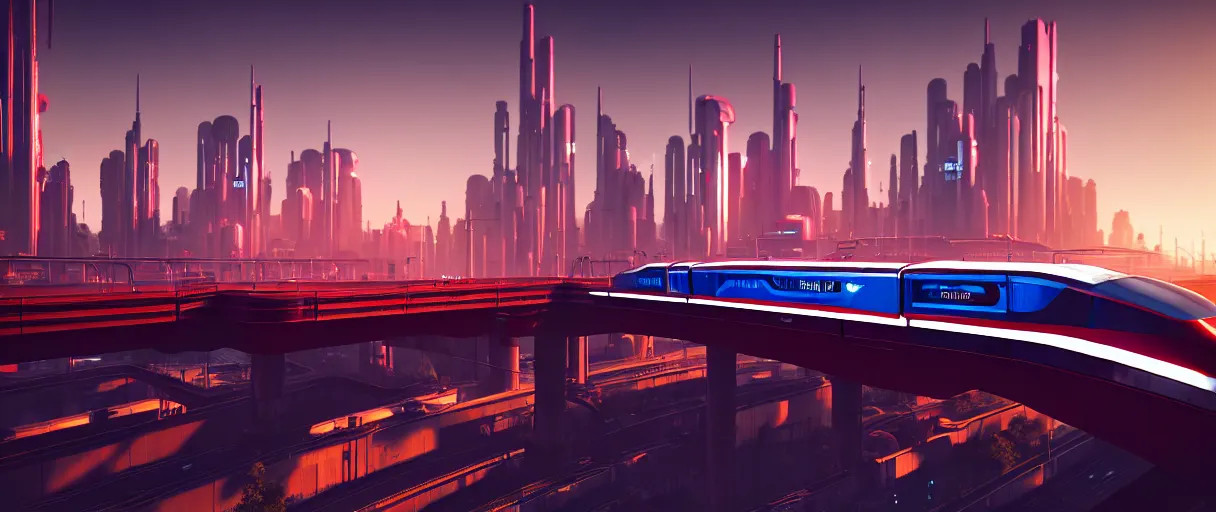 Prompt: futuristic city center with maglev train on bridge in background, modern landscape architectural design for industrialpunk concrete and glass, maroon metallic accents, gorgeous lighting, golden hour, cyberpunk, 2077, dramatic lighting and composition, photography, 8k, origin 100i, star citizen