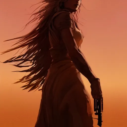 Image similar to a woman with long white hair stands in the desert, dramatic lighting, illustration by greg rutkowski, yoji shinkawa, 4 k, digital art, concept art, trending on artstation