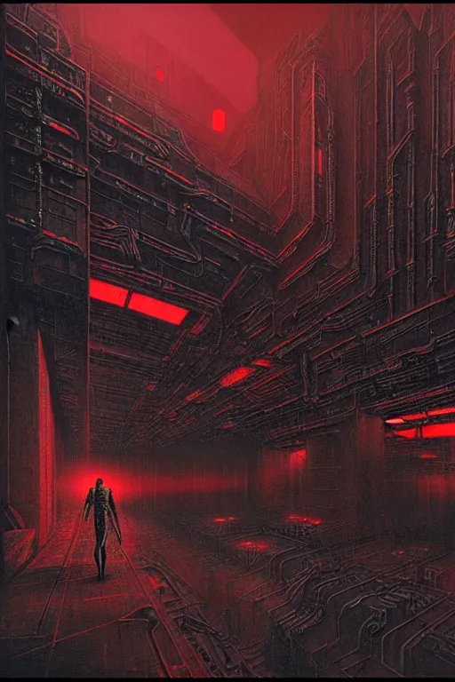 Image similar to dark master constructing infinite factories, red and black science fiction scenario, giger, beksinski, digital art render