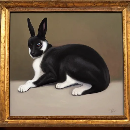 Image similar to oil in canvas of a puppy dog, a black rabbit and a siamese cat,