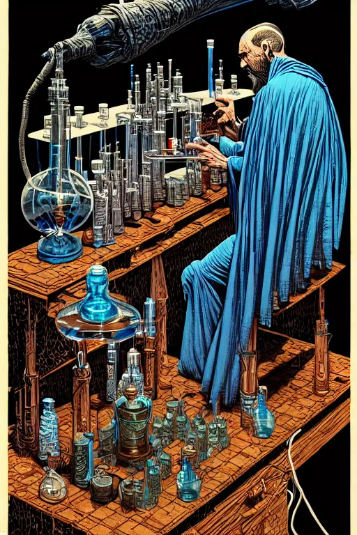 Image similar to ancient cloaked wizards mixing potions in his laboratory, high details, intricately detailed, by vincent di fate, inking, 3 color screen print, masterpiece, trending on artstation,, sharp, details, hyper - detailed, hd, 4 k, 8 k