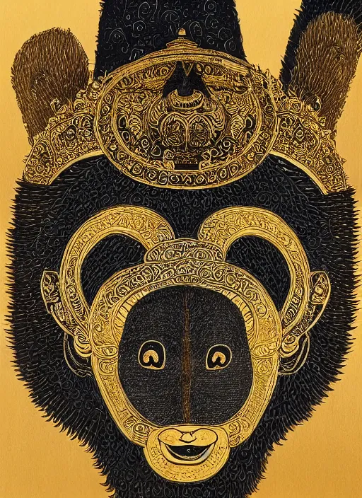 Image similar to detailed pen and ink art of an anthropomorphic asian black bears head on Buddhist bodhisattva body, seated in royal ease, 0.1 black micron pen on white paper, gilded gold halo behind head, 24K gold leaf, reflective, beautiful, highly detailed, fine pen work, white background