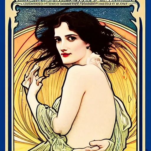 Image similar to eva green portrait by louis - theophile hingre and alphonse mucha, realistic, sharp focus, zodiac signs, tarot cards, planets, ethereal, art nouveau, magic, moon, sun, crown, dreamy, royal, jewellery