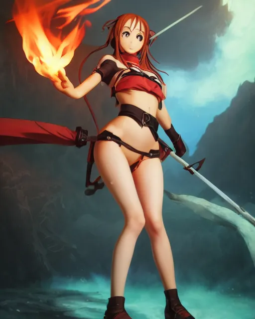 Image similar to pinup photo of asuna from sao in flame dungeon, asuna by a - 1 pictures, by greg rutkowski, gil elvgren, enoch bolles, glossy skin, pearlescent, anime, very coherent, maxim magazine, 3 d, vray, unreal 5, octave rendey, maya, cgsociety