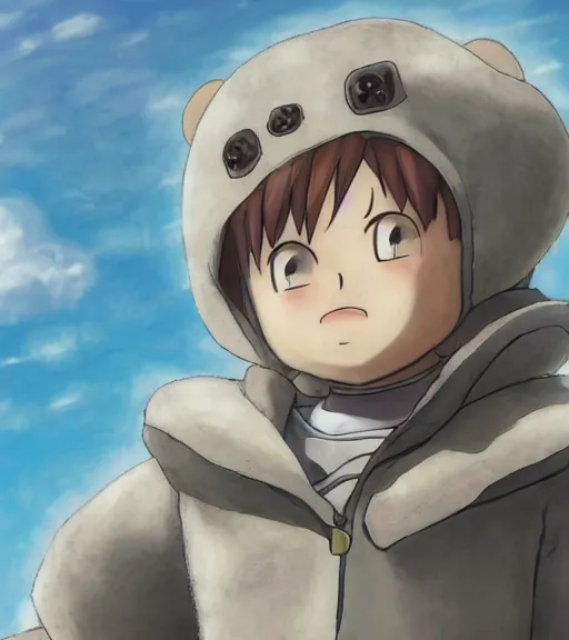 Image similar to attractive little boy wearing an cyborg bear suit, artwork in kentaro miura and made in abyss and inazuma eleven, smooth, beautiful lightness, anatomically correct, trending on pixiv, attractive composition