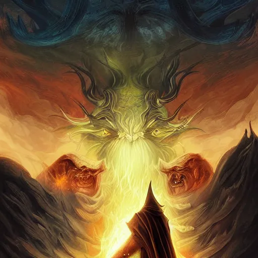 Image similar to Digital art by Anato Finnstark. Gandalf faces the Balrog
