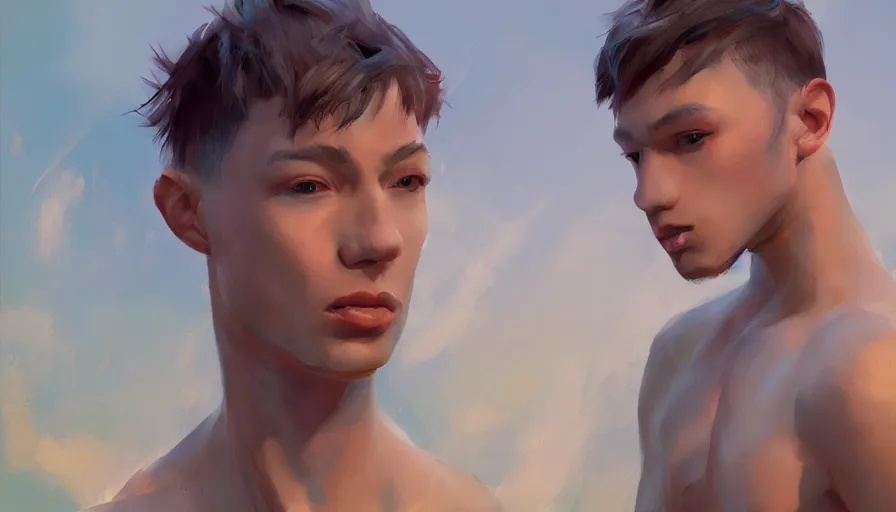 Image similar to gay twink, concept art by jama jurabaev, cinematic shot, trending on artstation, high quality, brush stroke, mountains