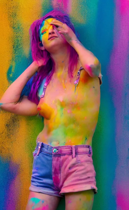 Image similar to grungy woman, rainbow hair, soft eyes and narrow chin, dainty figure, wet t-shirt, torn overalls, skimpy shorts, covered in neon paint, luminescent, Sony a7R IV, symmetric balance, polarizing filter, Photolab, Lightroom, 4K, Dolby Vision, Photography Award